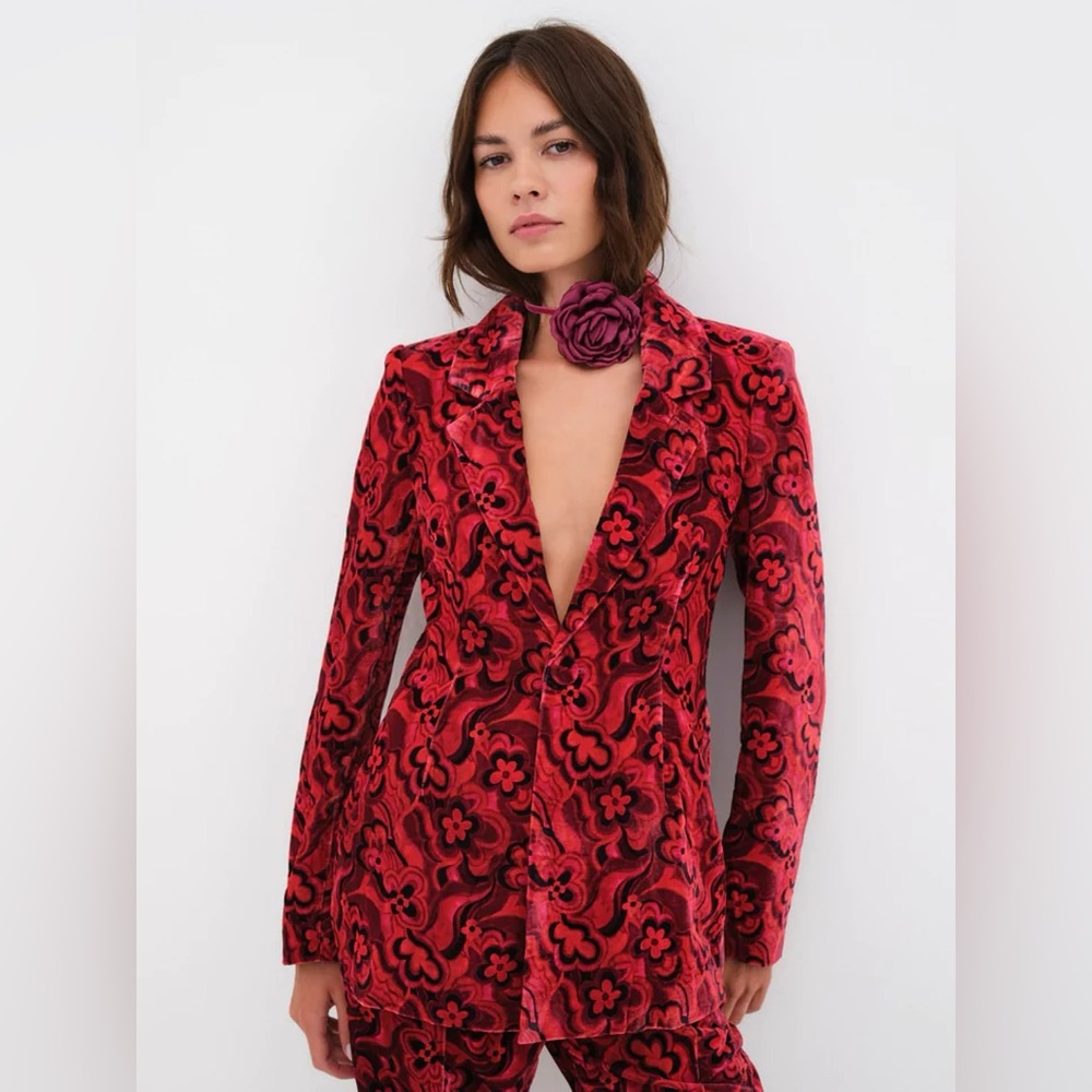 For Love & Lemons Penny Blazer Velvet Red Floral Size XS?? MISSING‎ SIZE TAG